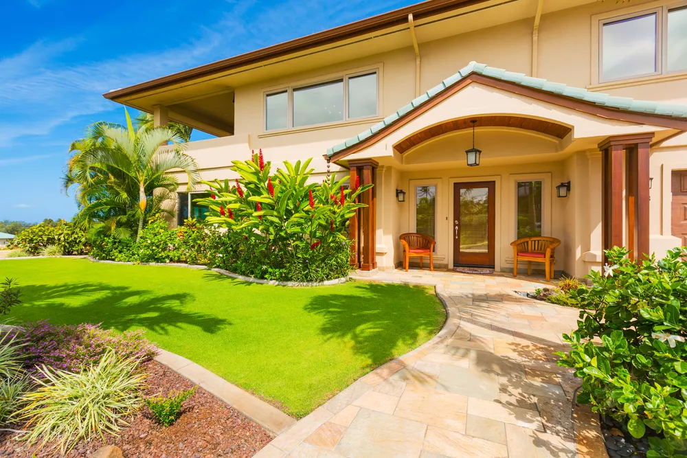 Beautiful Home Exterior, Luxury Home, Sunny Blue Sky 
