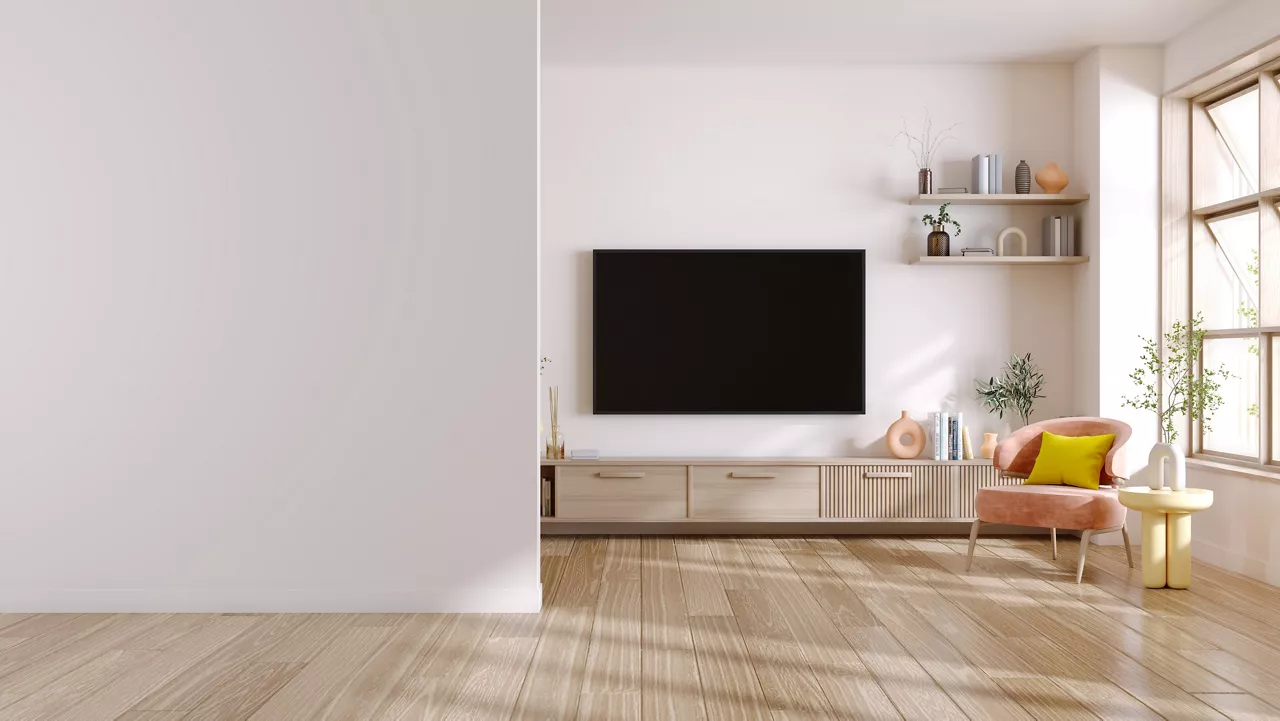 mock up ,White Wall Background Copy Space  ,mid century modern white living room ,pink armchair with wood cabinet ,3d render