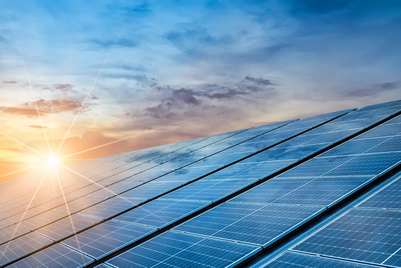 Close-up of Solar cell farm power plant eco technology.landscape of Solar cell panels in a photovoltaic power plant.concept of sustainable resources.