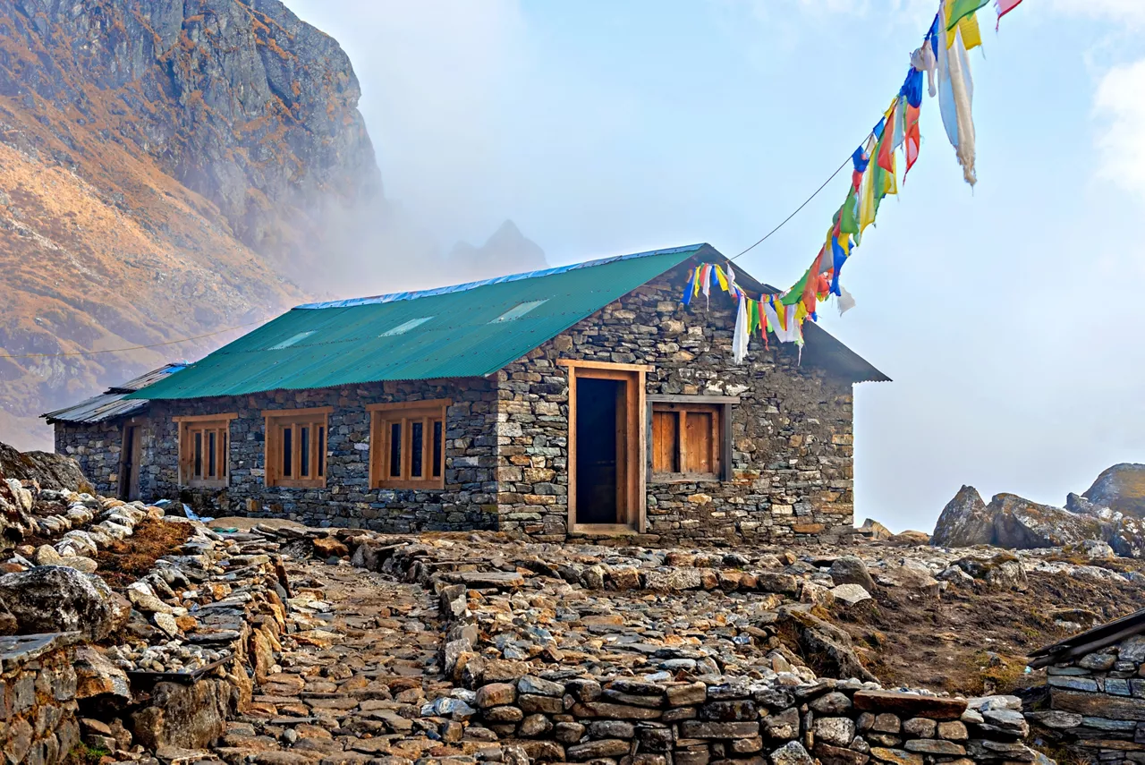 View at the guest house on the trekking route from Khotey to Thule Kharka on Mera Peak trek in Nepal.