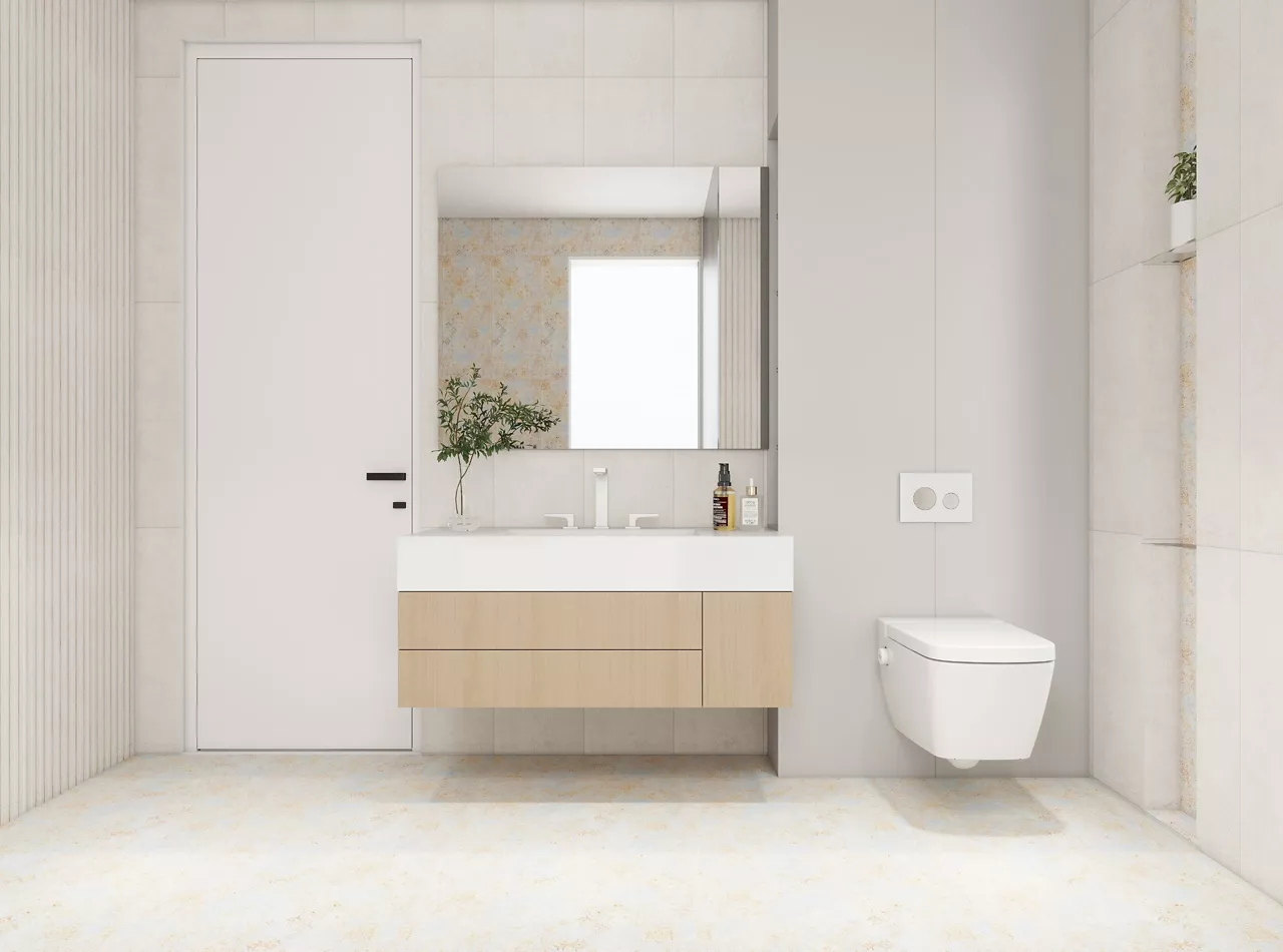 bathroom interior with wall-hung toilet and square mirror in white