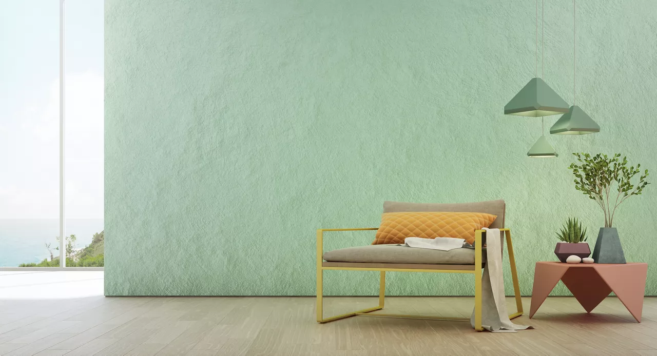 Sea view living room of luxury summer beach house with glass window and wooden floor. Empty rough turquoise concrete wall background in vacation home or holiday villa. Hotel interior 3d illustration.