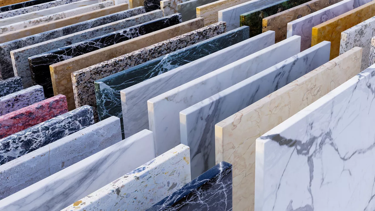 Material; selection of granite, marble and quartz kitchen countertops slabs, 3d visualation