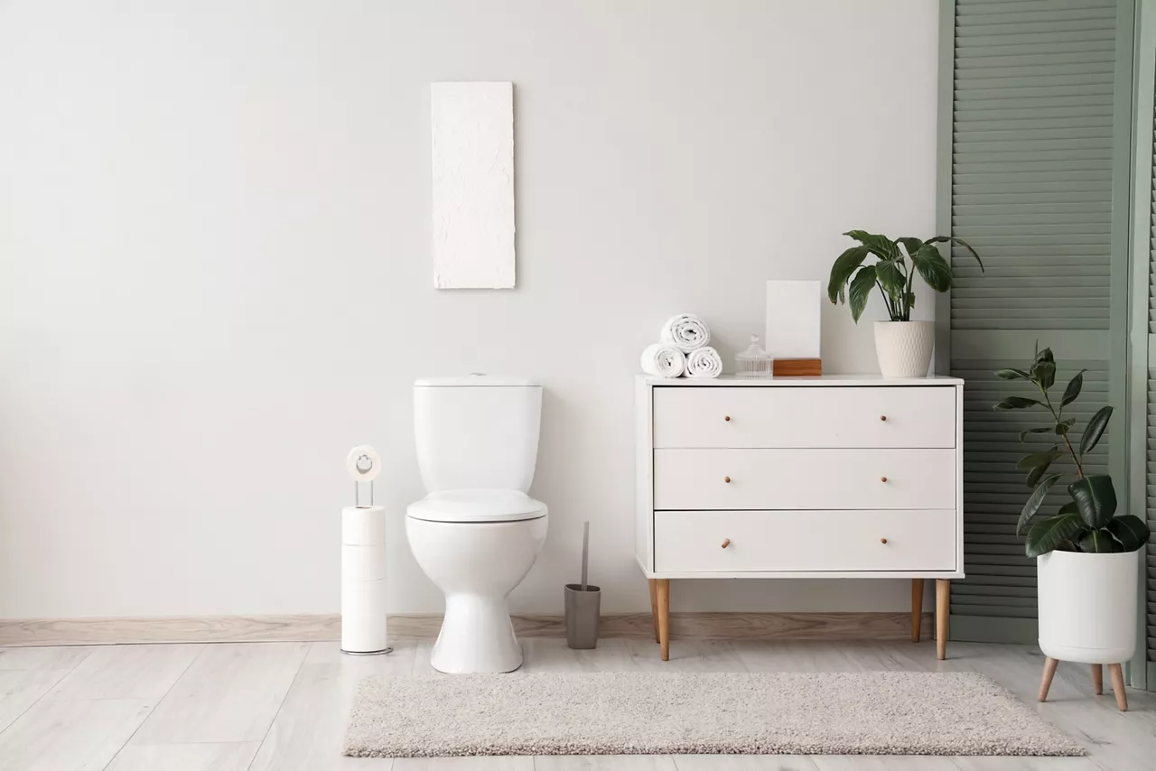 Interior of restroom with toilet bowl and chest of drawers near white wall