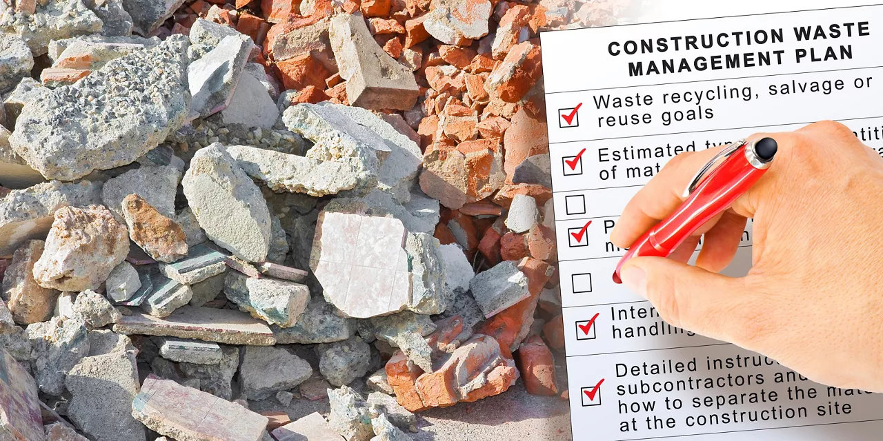 Construction Waste Management Plan - concept with concrete and brick rubble debris on construction site