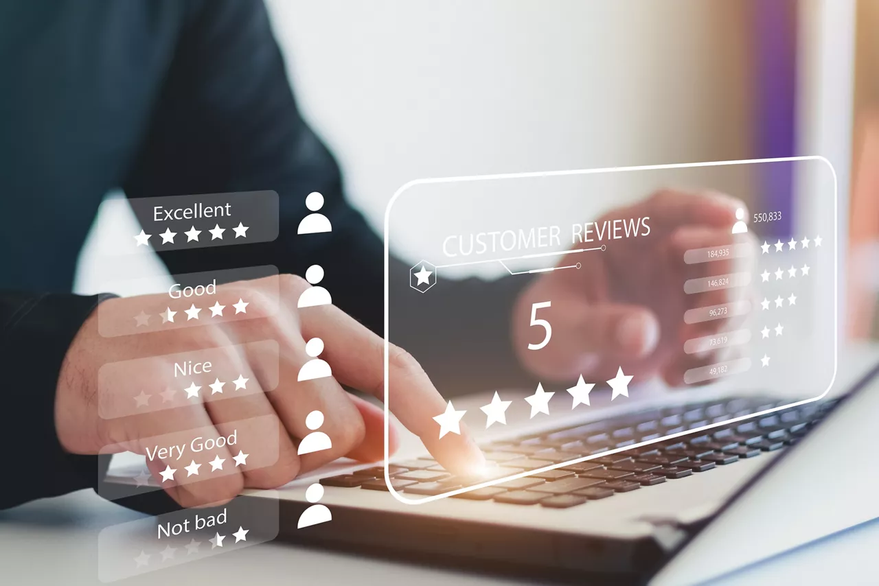 User gives rating to service experience on online application, Customer review satisfaction feedback survey concept, Customer can evaluate quality of service leading to reputation ranking of business.