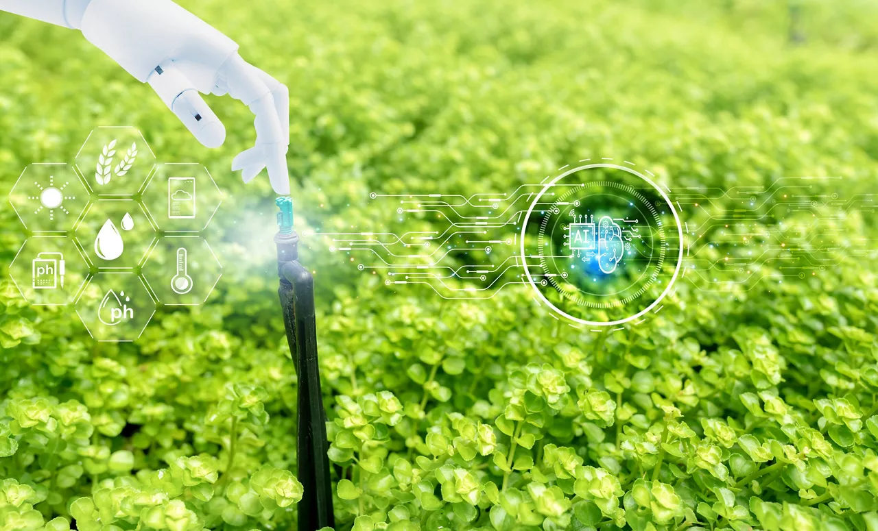 Robot hand touch automatic lawn sprinkler and icon of smart farming concept. Smart agriculture with modern technology concept. Sustainable agriculture. Precision agriculture. Climate monitoring.