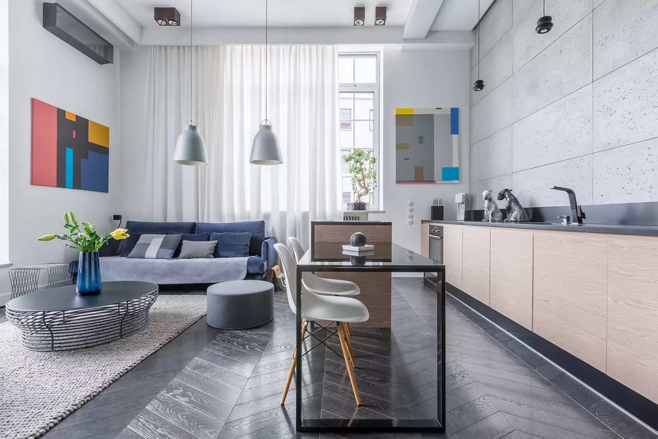 Modern apartment with living room and open kitchen