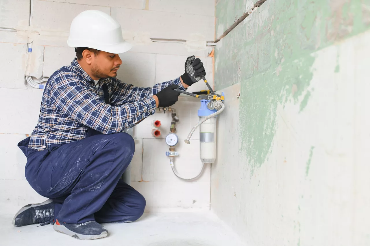 plumber installing water equipment - meter, filter and pressure reducer