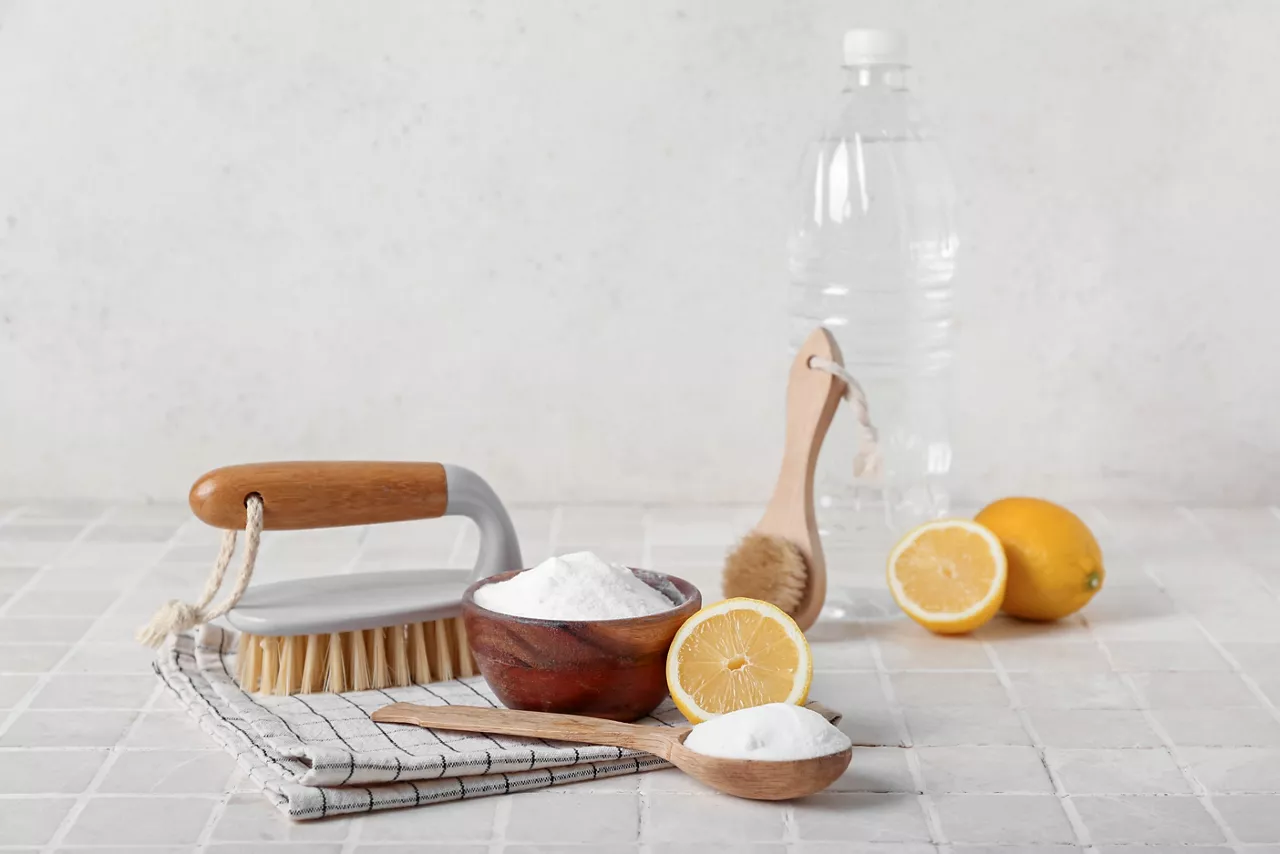 Bowl of baking soda, vinegar, cleaning brushes, lemons and napkin on light tile table