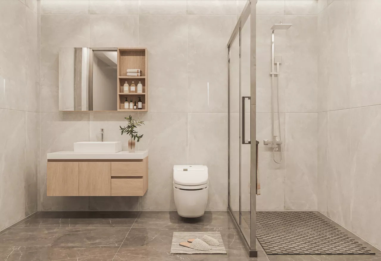 Modern bathroom interior, modern bathroom cabinet, white sink, wooden counter, bathroom accessories and shower, 3D render