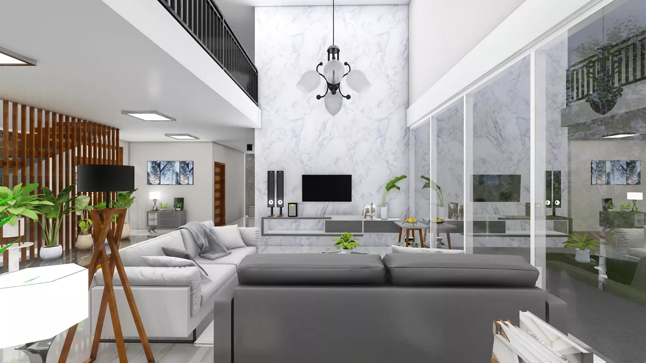 Modern style luxury white living room with garden view, gray marble tiled walls and floor decorated with glass chandelier. 3d renderings