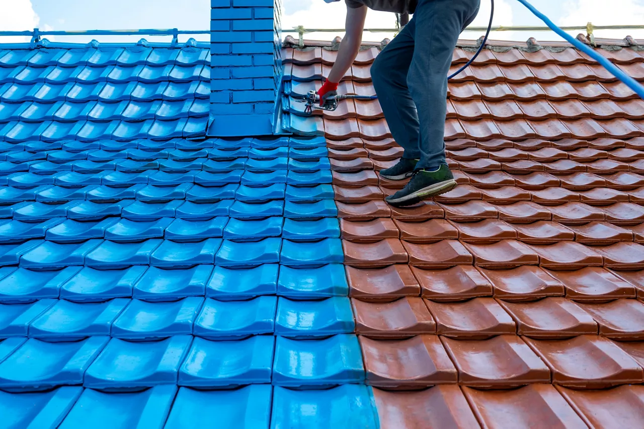 Half roof painted in blue, half of tiles are still red. Chimney is painted also. Before and after. Work at height.