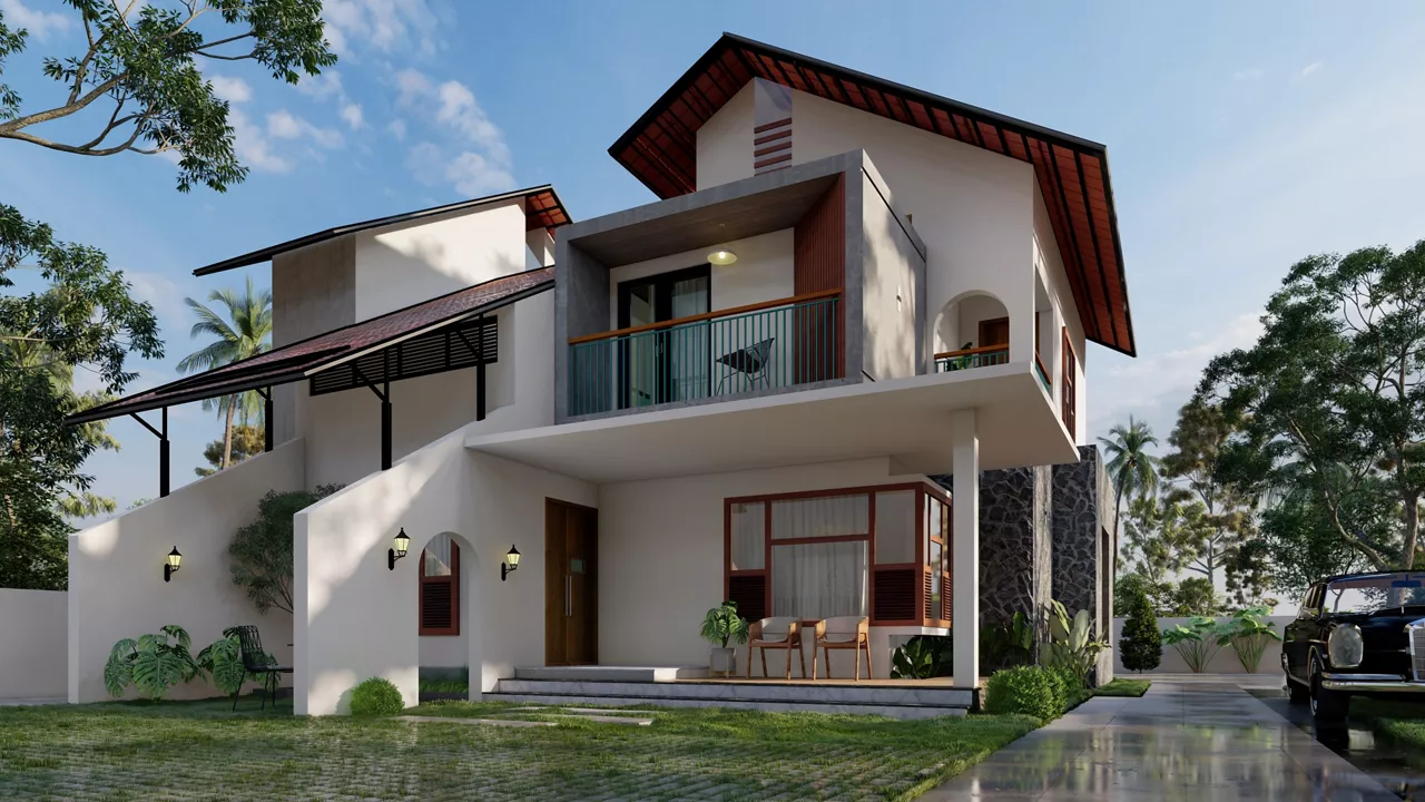 "A unique fusion of contemporary and traditional architectural styles, showcasing a residence that blends modern design elements with timeless cultural influences. The exterior features sleek, minimal