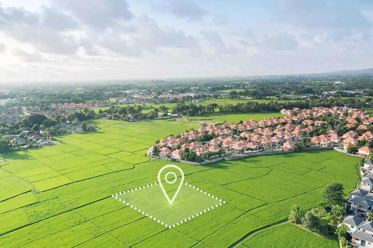 Land plot in aerial view. Gps registration survey of property, real estate for map with location, area. Concept for residential construction and development. Also home, house for sale, buy, purchase,
