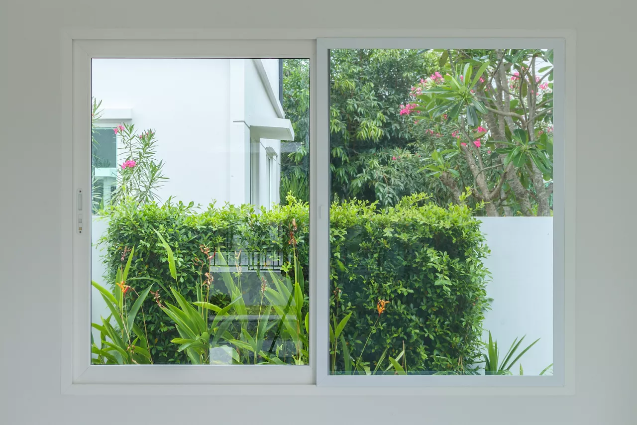 Glass window frame house interior on white wall