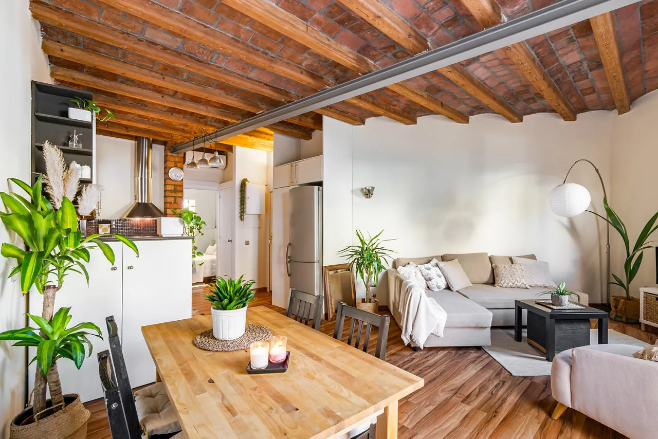 Compact but smartly divided studio with rustic style living and kitchen areas with wood beamed ceiling and comfortable furniture in beige tones. Concept of laconic interior design