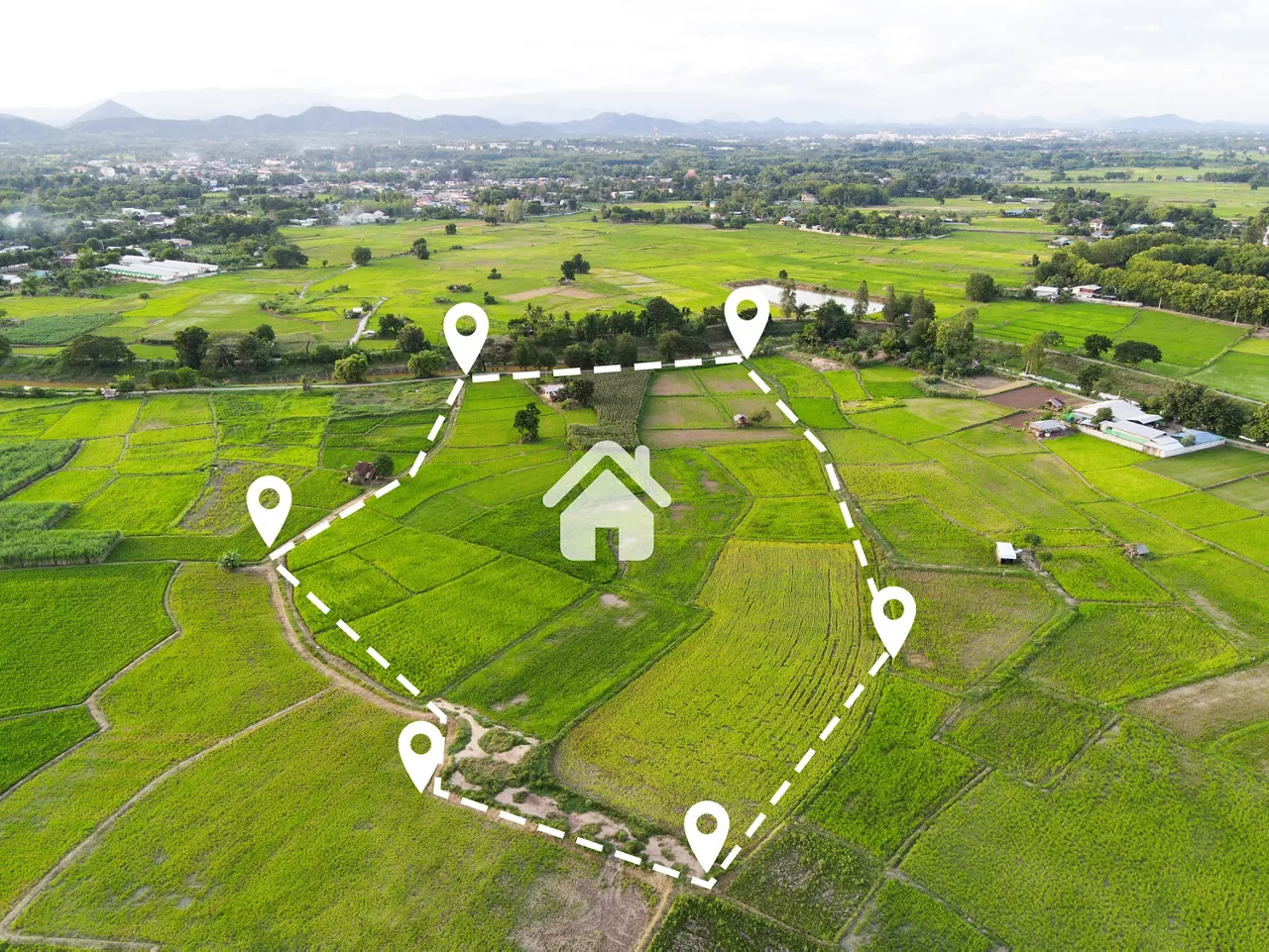 Land plot for building house aerial view, land field with pins, pin location for housing subdivision residential development owned sale rent buy or investment home or house expand the city suburb