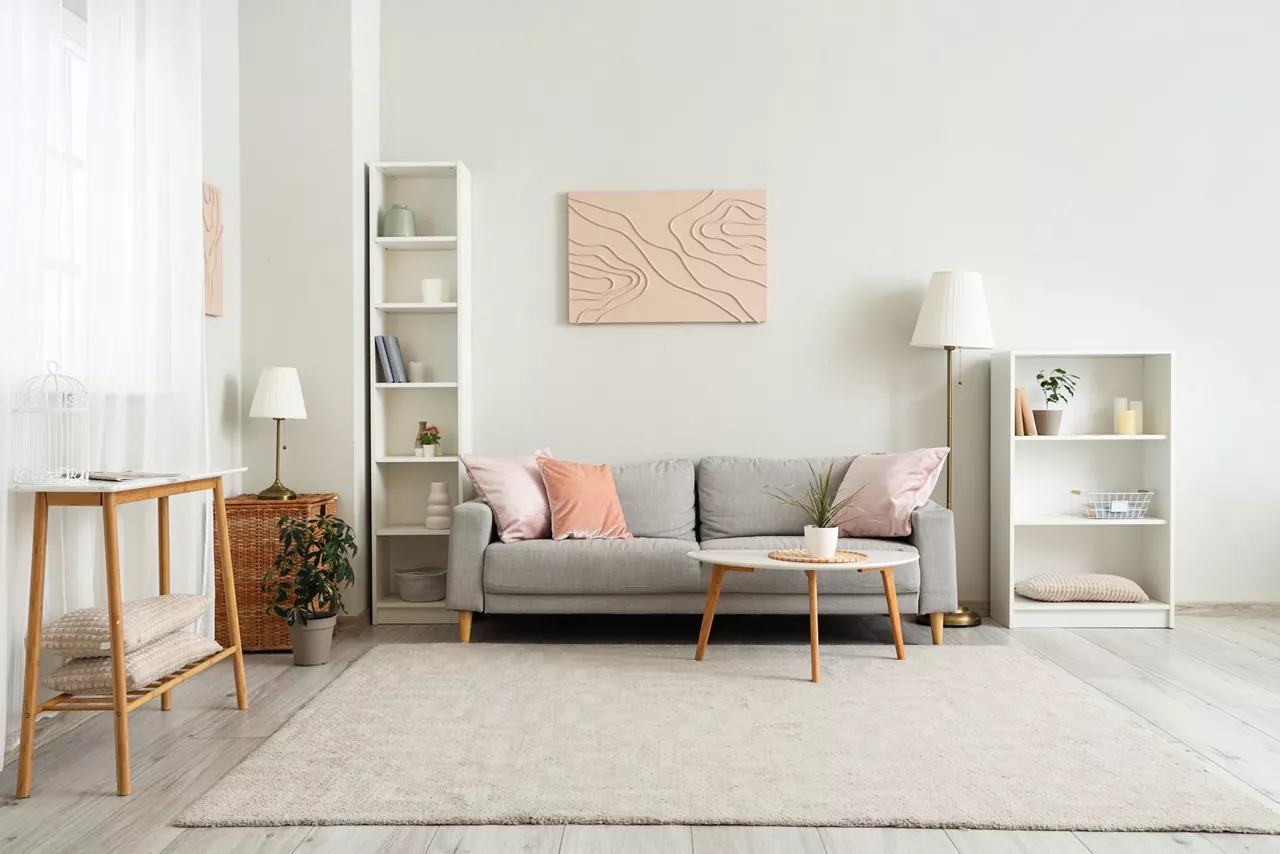 Stylish interior of living room with soft sofa and coffee table