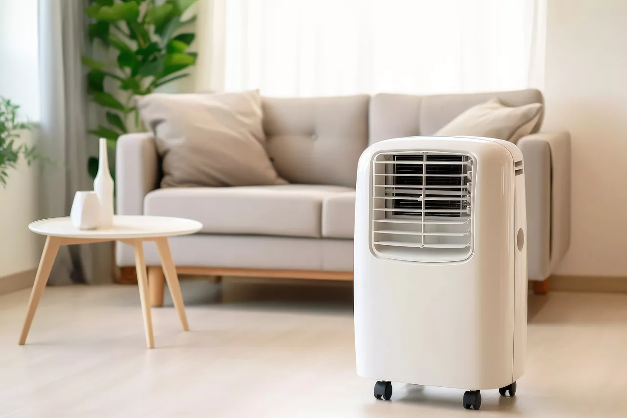 portable air conditioner or mobile air cooler in modern living room