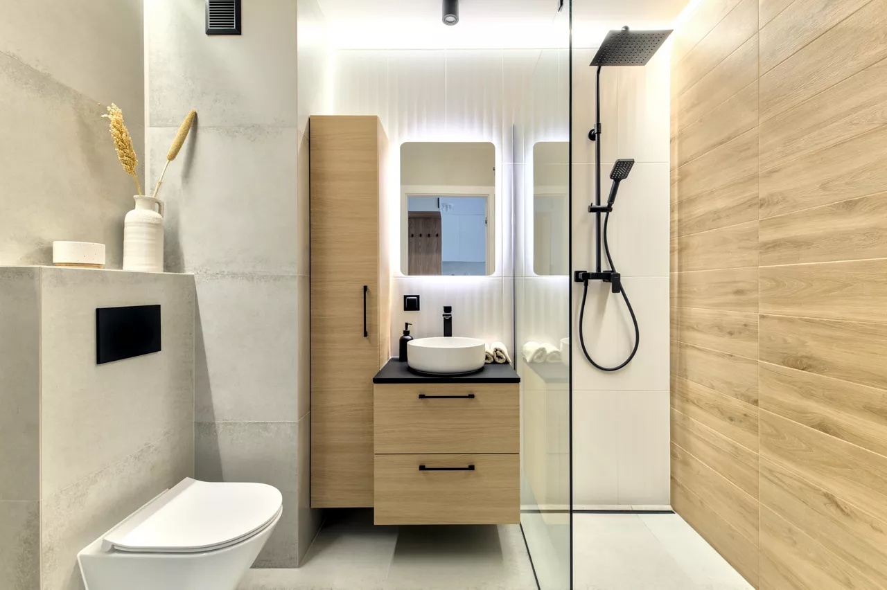 Photo of japandi style impressive bathroom with led mirror and walk in shower enclosure