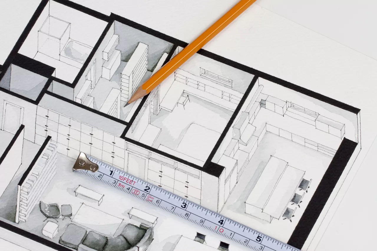 Metal measuring tape and sharp pencil on authentic artistic inspiring floor plan home fragment symbolizing handmade trends in contractor investment home building business and funding