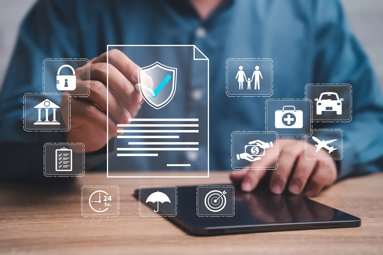 Insurance online, Standards quality control concept, Businessman mark Insurance document, Insurance management system condition, family, life, financial, health, Banking, home, Travel, technology