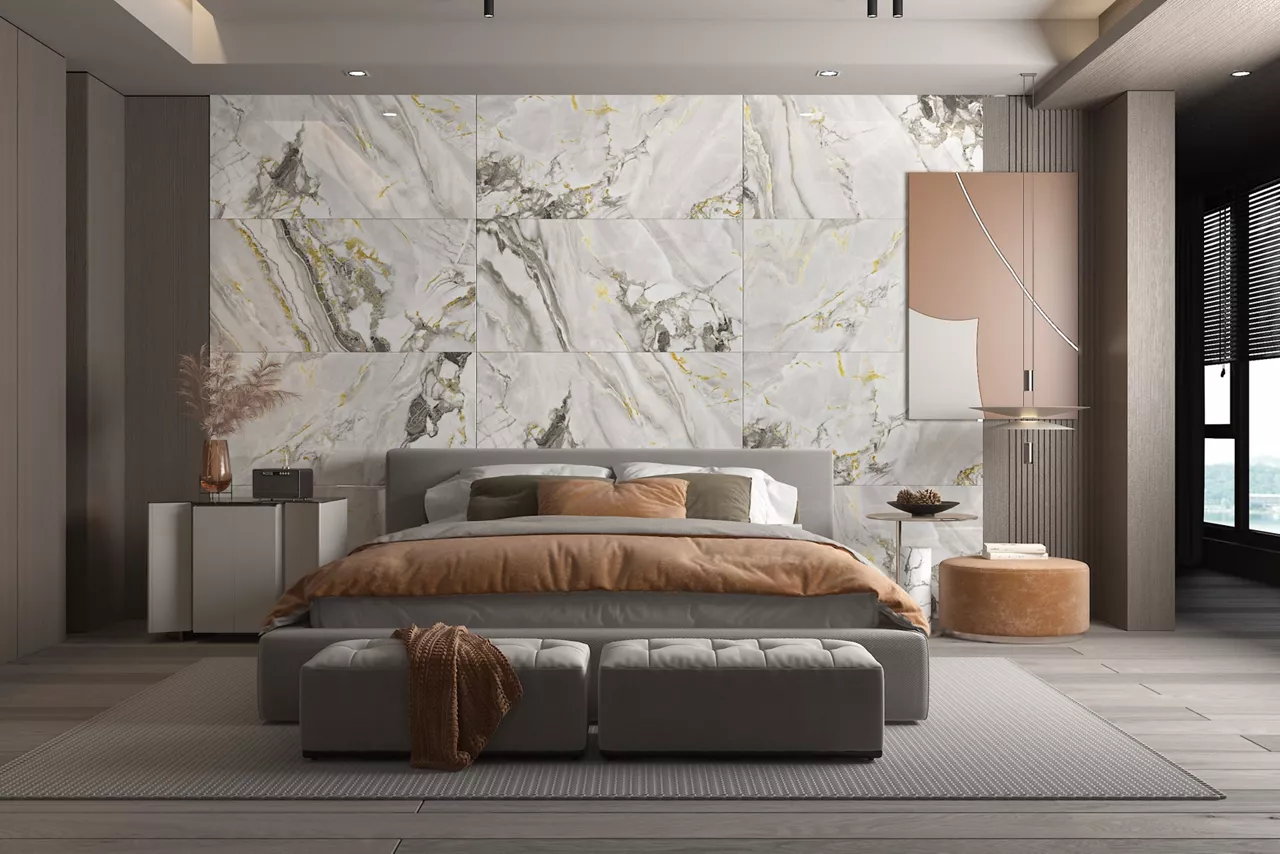 Modern style bright bedroom interior with white wall. There are white wooden furniture, wooden texture marble on floor, decorated with dark gray fabric and leather furniture, window wall. 3D Rendering