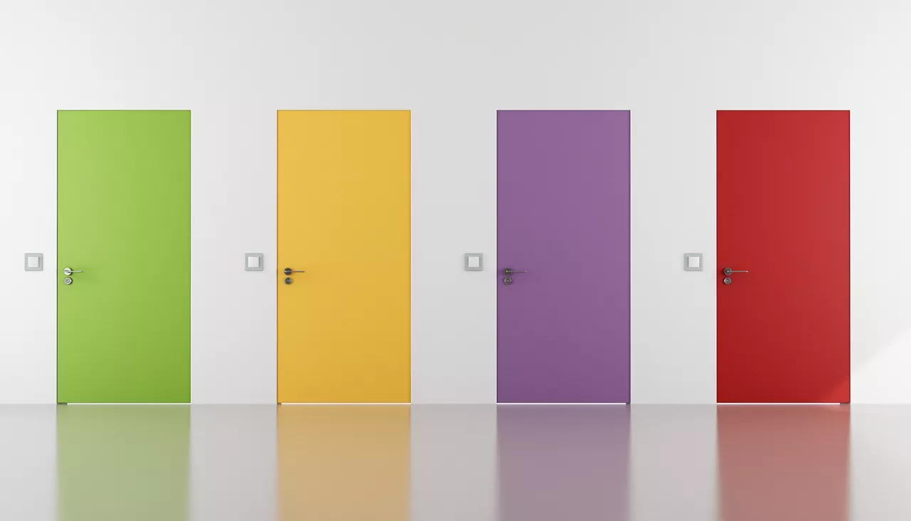 colorful doors flush with the wall in a white room - rendering