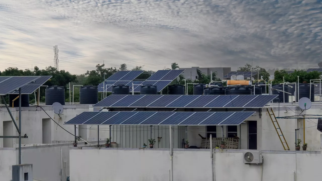 Solar panel system on the terrace in Indian City