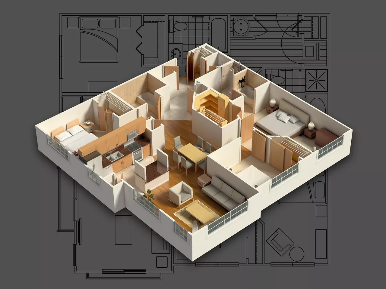 3D isometric rendering of a furnished residential house, on a blueprint, showing the living room, dining room, foyer, bedrooms, bathrooms, closets and storage.