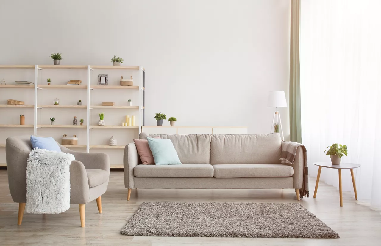 Contemporary real estate for sale, rent and blog of interior. Sofa with pillows and blanket, table with plant in pot, shelves with accessories and armchair in modern living room, mockup, flat lay