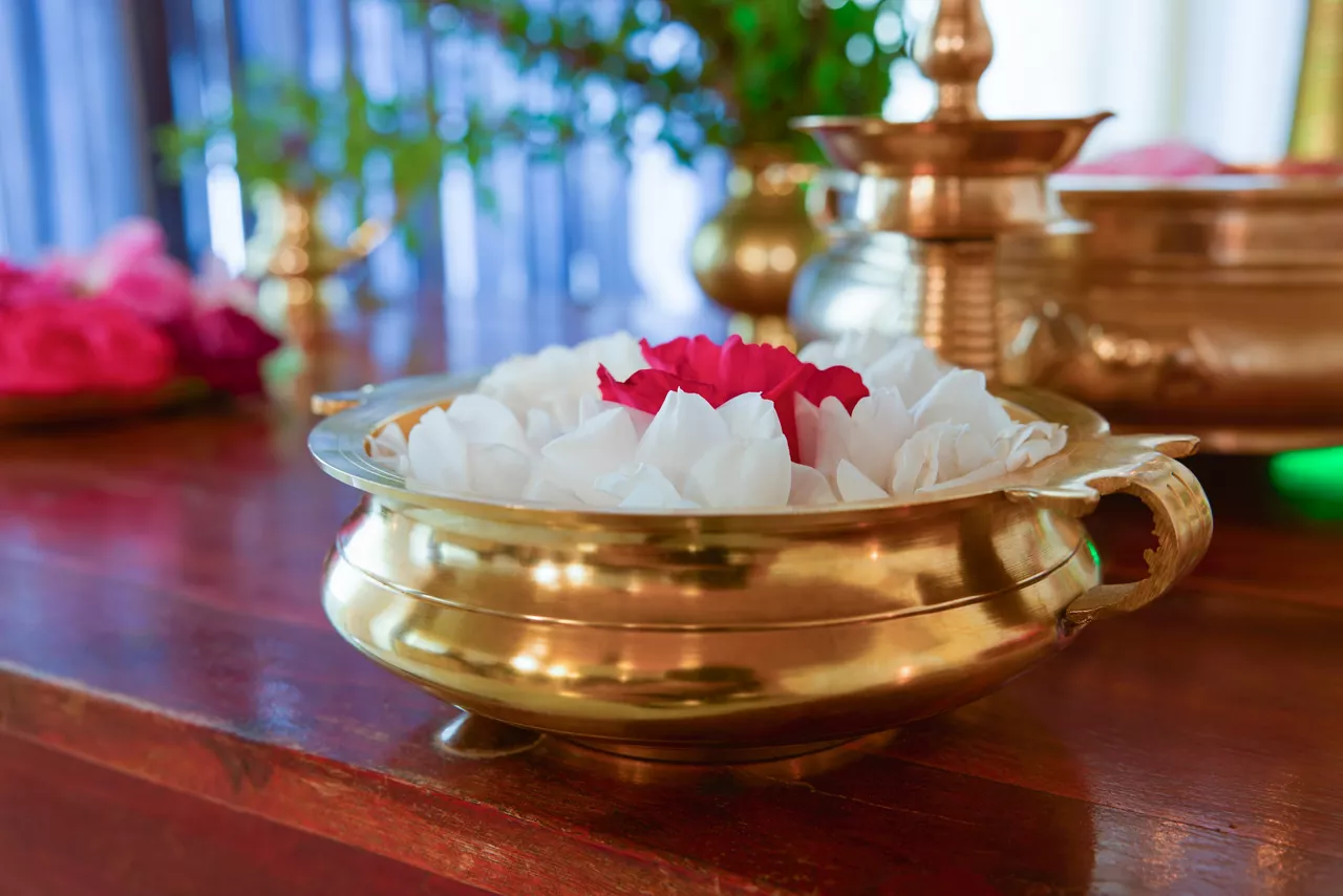 indian flower pot and other various brass and copper pots with religious and relaxation purposes for various holy celebrations and yoga retreats