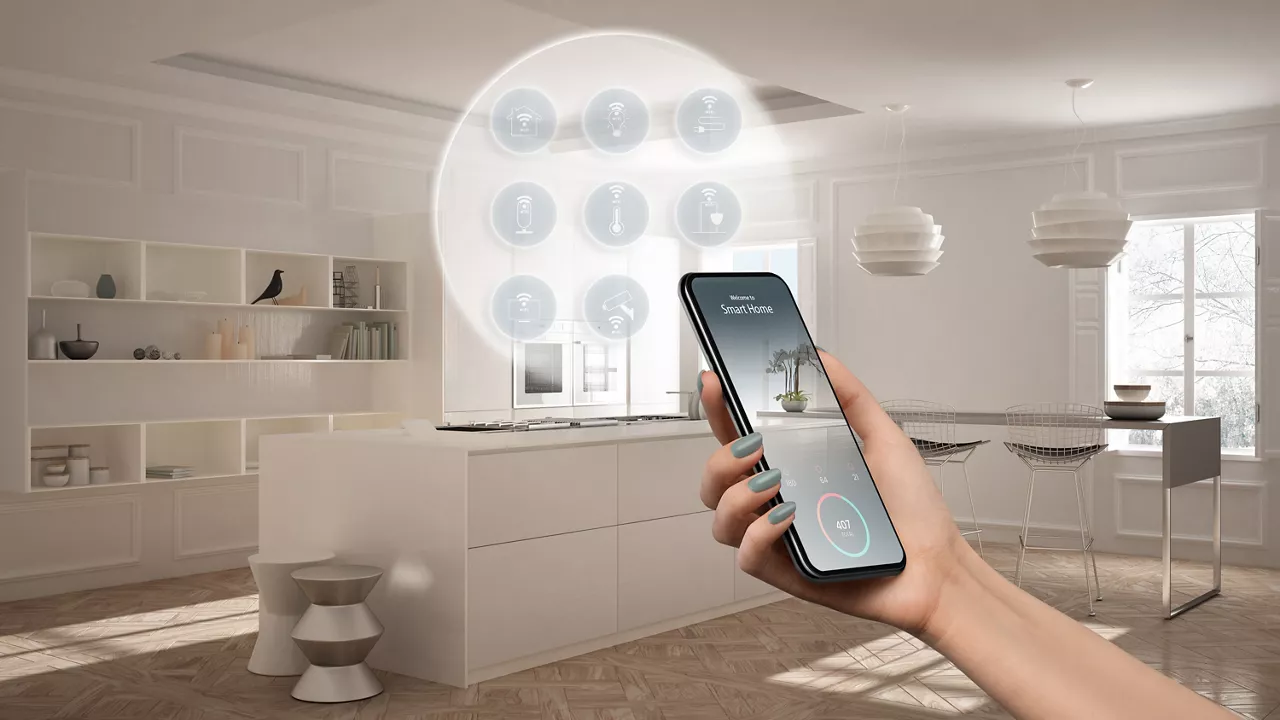 Smart home technology interface on phone app, augmented reality, internet of things, interior design of modern kitchen with connected objects, woman hand holding remote control device, 3d illustration