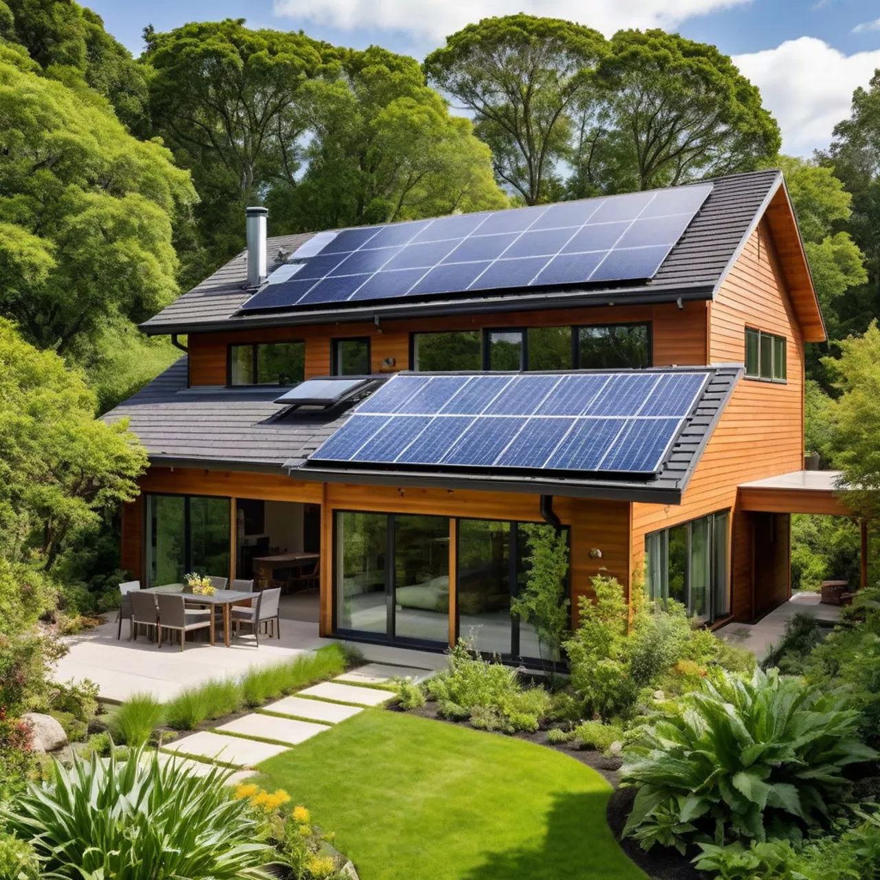 eco-friendly home with solar panels on the roof, a lush green garden with native plants, and large windows for natural light.