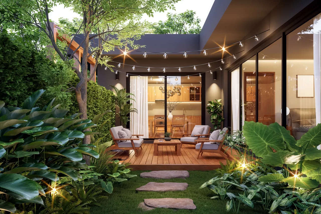Modern contemporary style small wooden terrace in lush garden with house interior background 3d render, there are green wall fence decorated with white outdoor furniture and string light