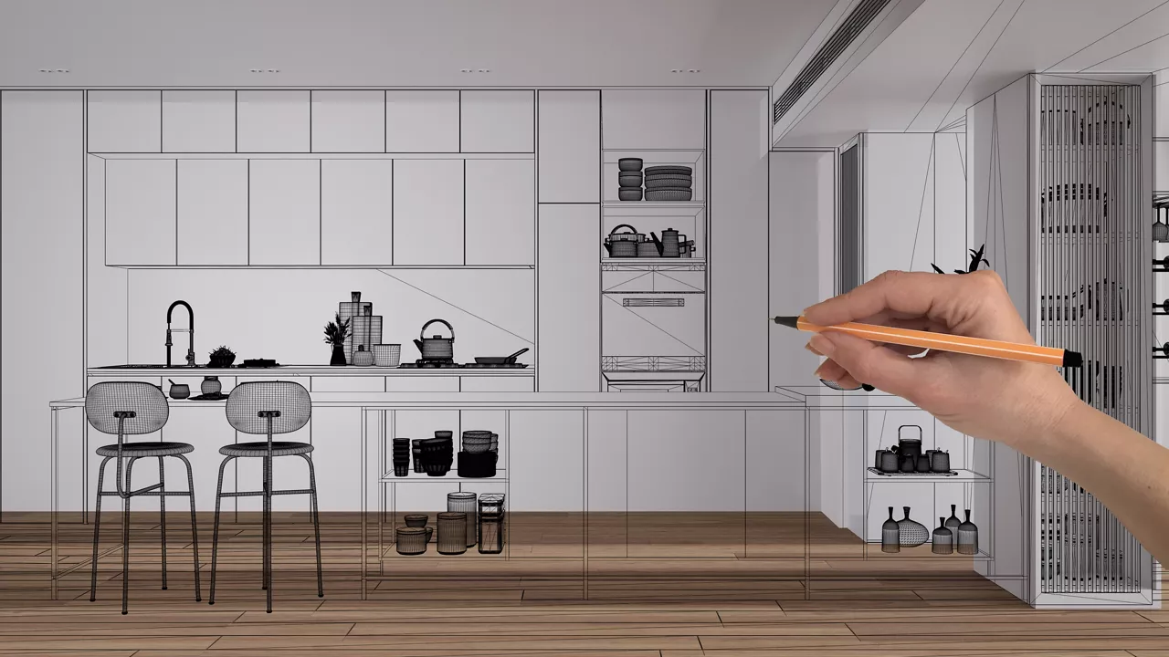 Empty white interior with with wooden parquet floor, white walls, hand drawing custom architecture design, black ink sketch, blueprint showing modern kitchen design, 3d illustration