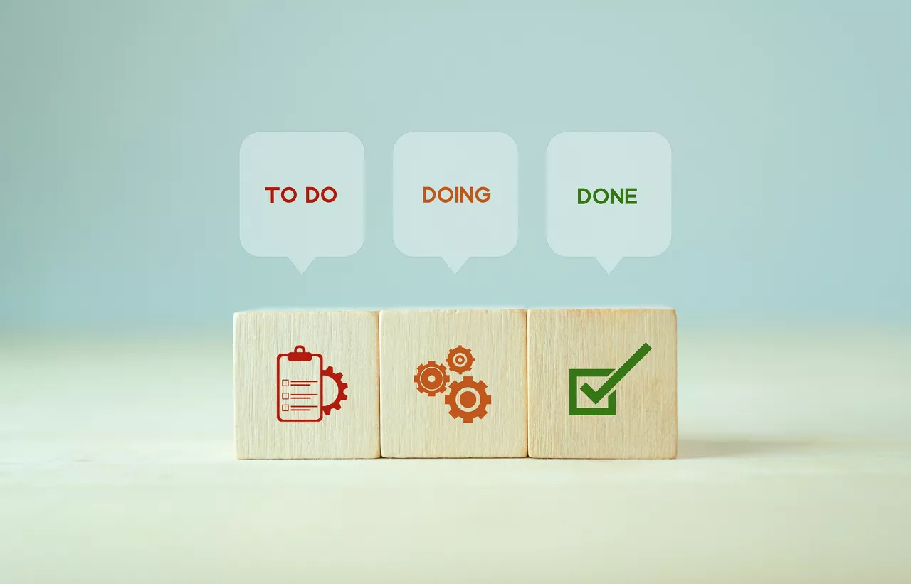 Work tracking concept; TO DO, DOING, DONE. Kanban board tools for effective team management. Agile project management tool to help visualize work, limit work-in-progress, and maximize efficiency. 