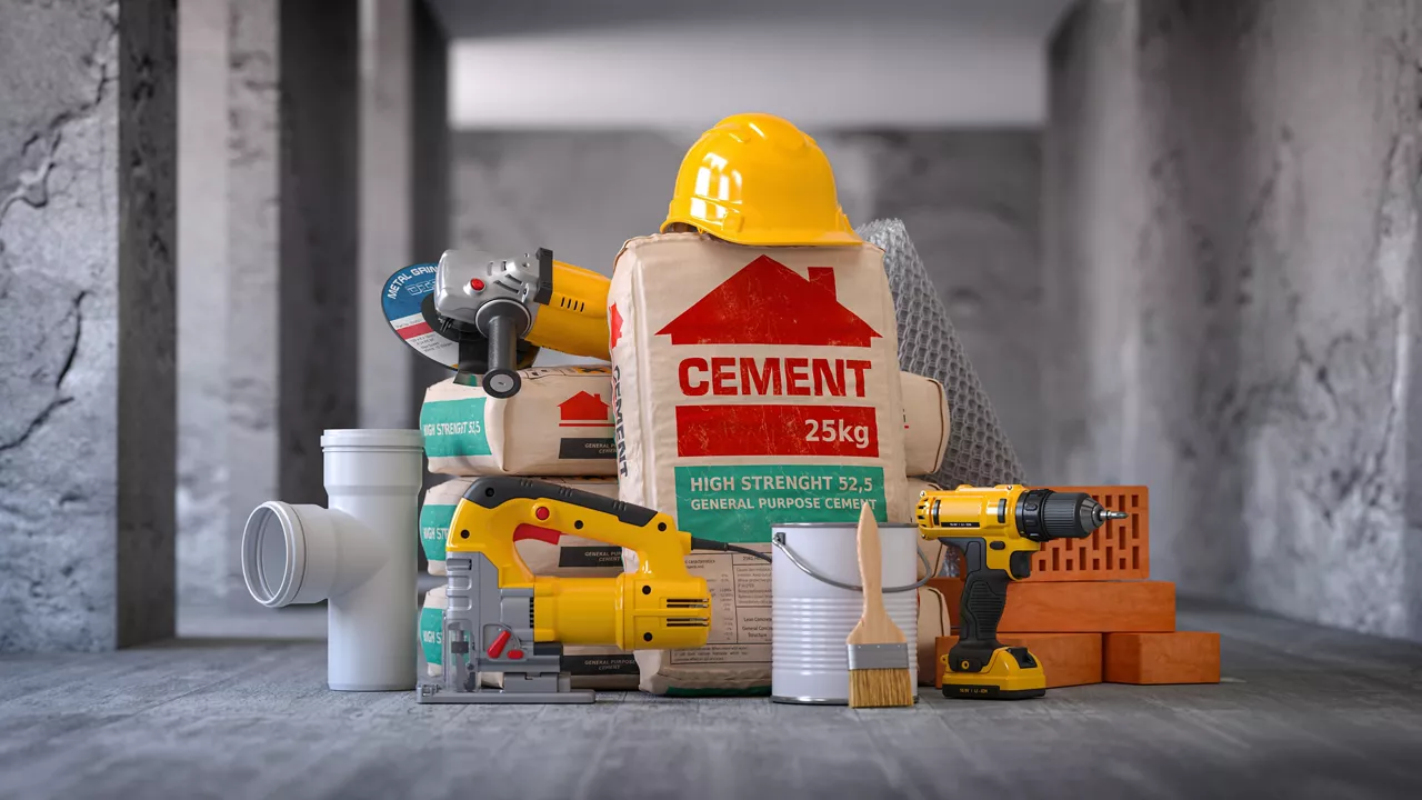 Construction materials and tools indoors with walls without finishing for renovation. 3d illustration