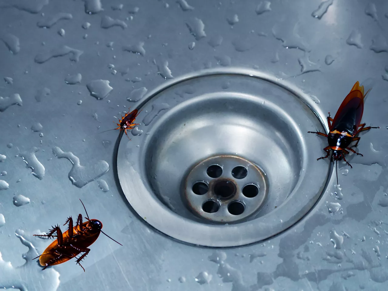 Cockroaches in the bathroom on the sink. The problem with insects. Cockroach drain hole, washbasin. Closeup Smooth cockroach isolated on white background. Insect, bugs, bug, animals. Health, hygiene