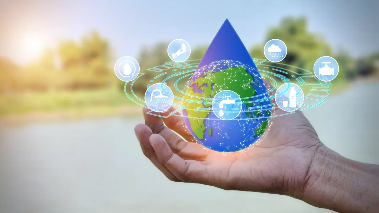 Earth in the shape of a drop of water from a hand in water saving, environmental protection, sustainable water resource management icons.