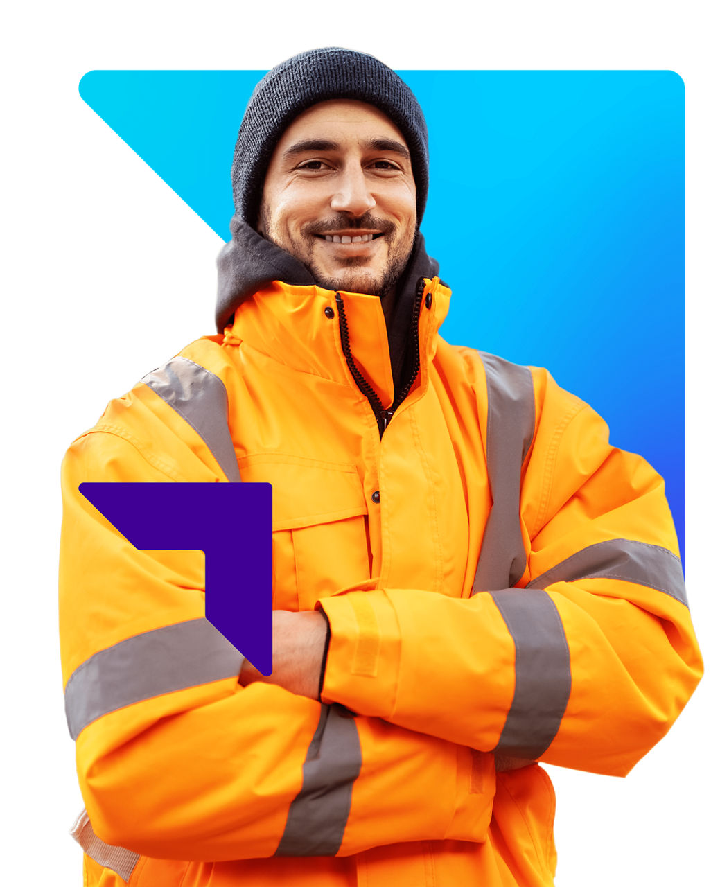 Man in high visibity jacket and black beanie with Equip Super arrows