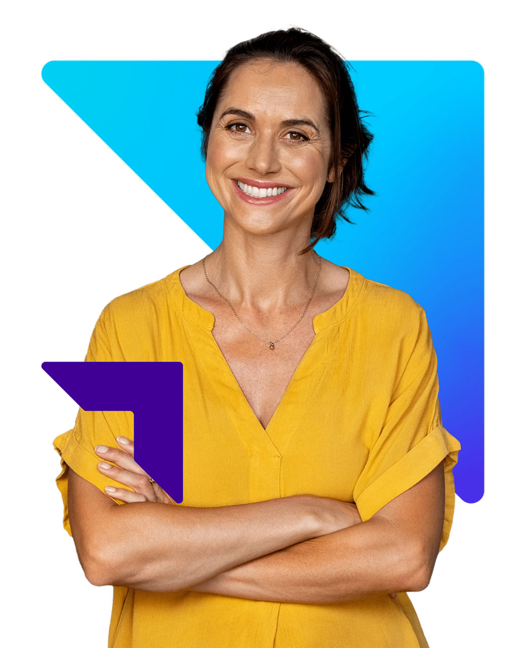 Woman wearing yellow shirt smiling at camera with arms crossed