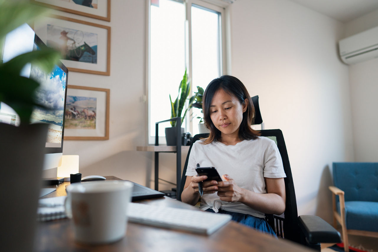 Female designer working from her home office. Okayama, Japan.