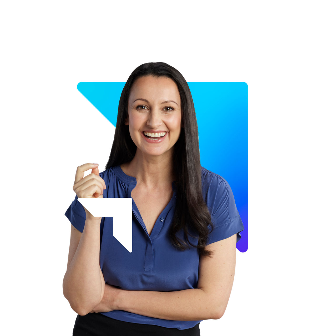 Woman wearing blue top smiling at camera with arms crossed