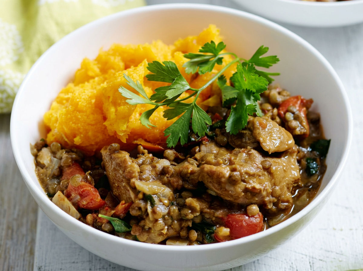 Chicken & Lentil Casserole with Pumpkin Mash