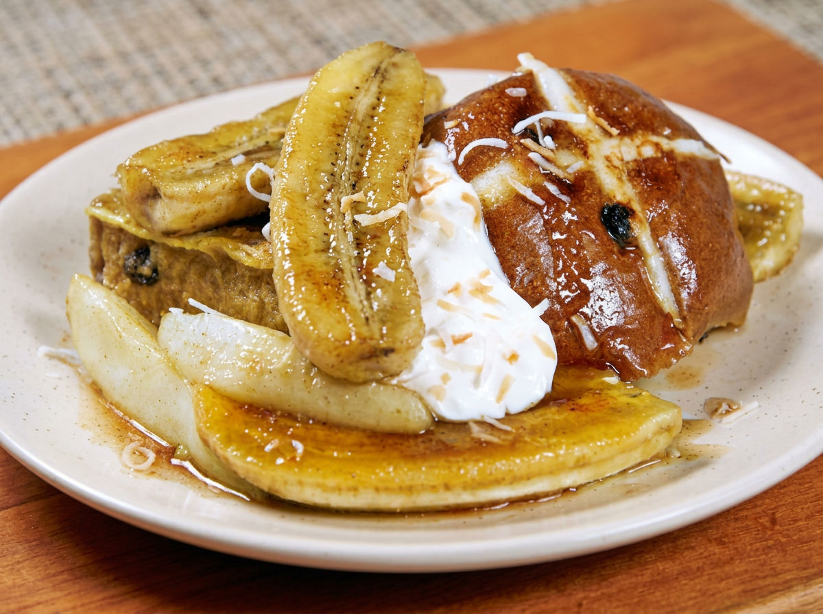 French Toast Hot Cross Buns with Caramelised Pears