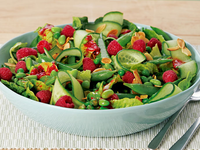 Green Salad with Cucumber, Peas, Mint & Raspberry Dressing