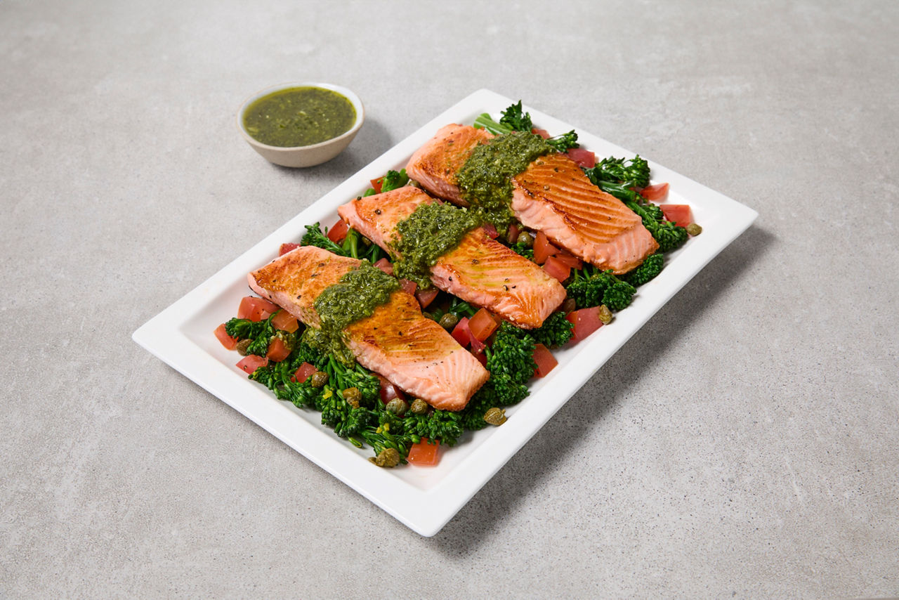 Grilled Salmon with Tomato, Capers & Herby Sauce