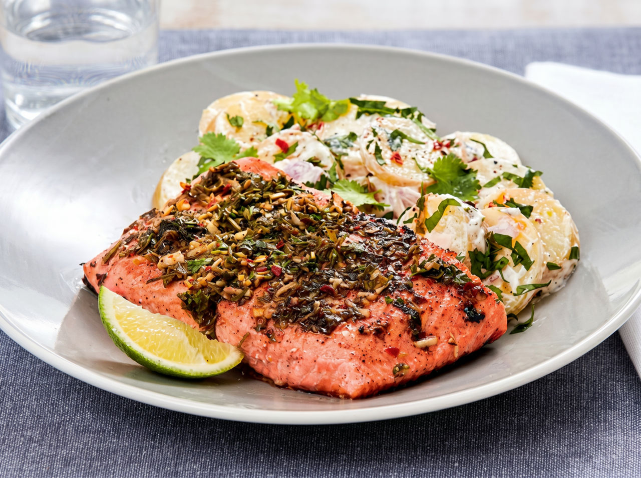 Jerk Salmon with Yoghurt Potatoes